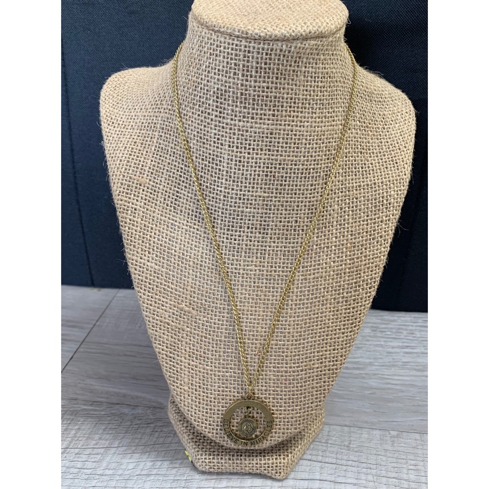 Saint Anthony Believe In Miracles Gold Tone Pendant Necklace 20 Inch Religious